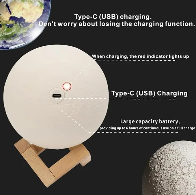 Moon Lamp ，3D Moon Light with 16 Color Changes, Touch & Remote Control – Realistic Moon Surface Texture, Type-C (USB) Charging Port. 3.webp