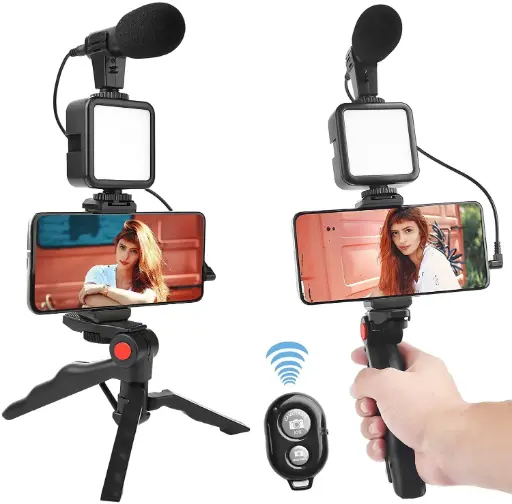 🎥【3-in-1 Pro Vlogging Kit】Video-Making Tripod with Shotgun Mic, LED Ring Light & Bluetooth Remote